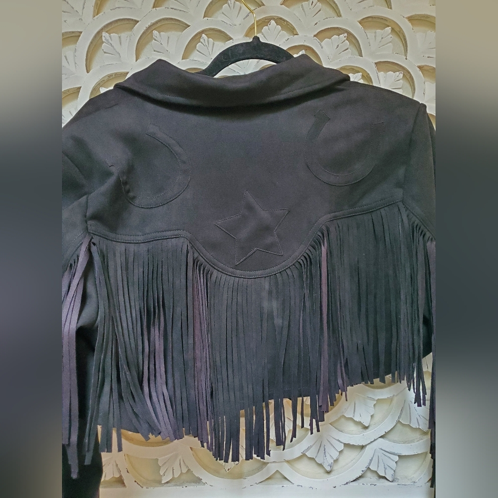 NWT Unique Vintage Black Faux Suede Tassle Fringe Cropped Jacket 1X / 16 - Picture 9 of 16